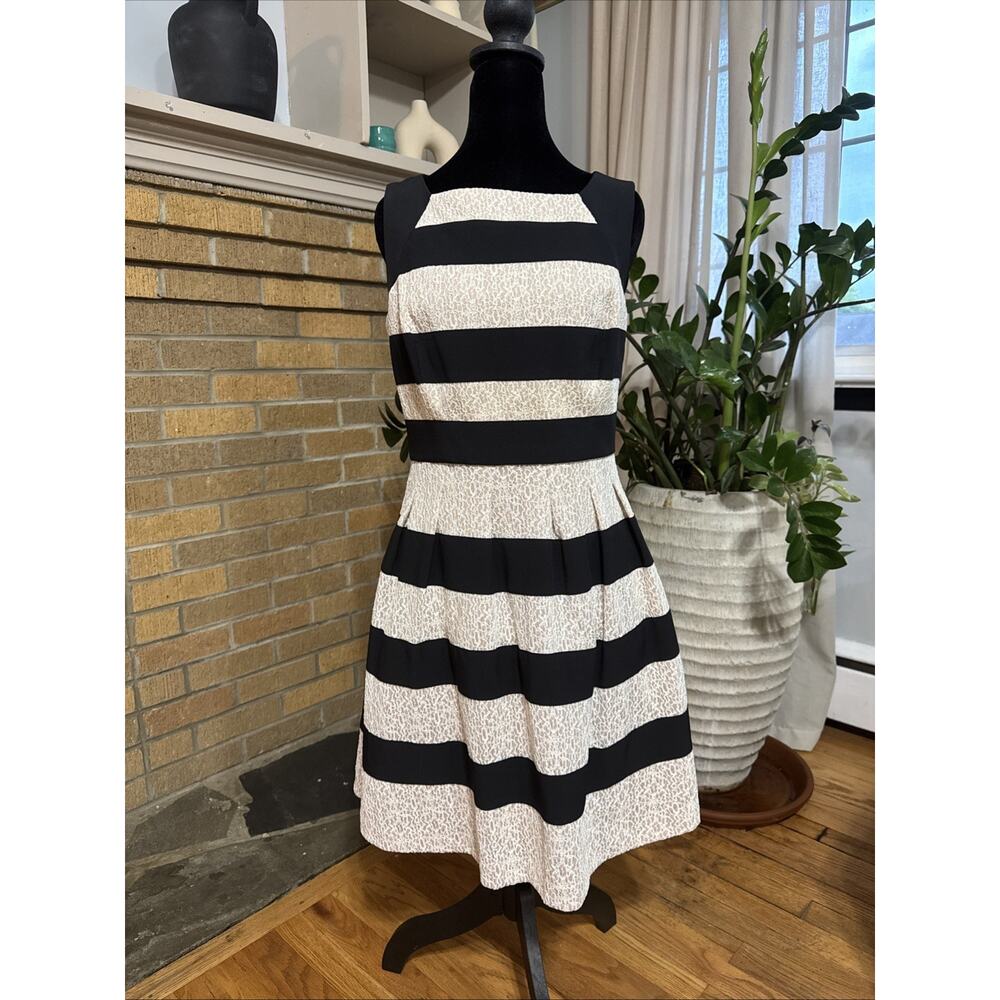 Tahari Womens Ivory Striped Fit & Flare Dress Pleated Skirt Texture Midi Cocktai